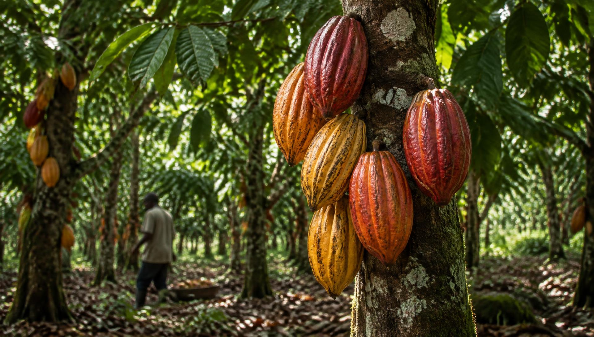 Ripe cocoa pods on a tree in Ondo State, Nigeria