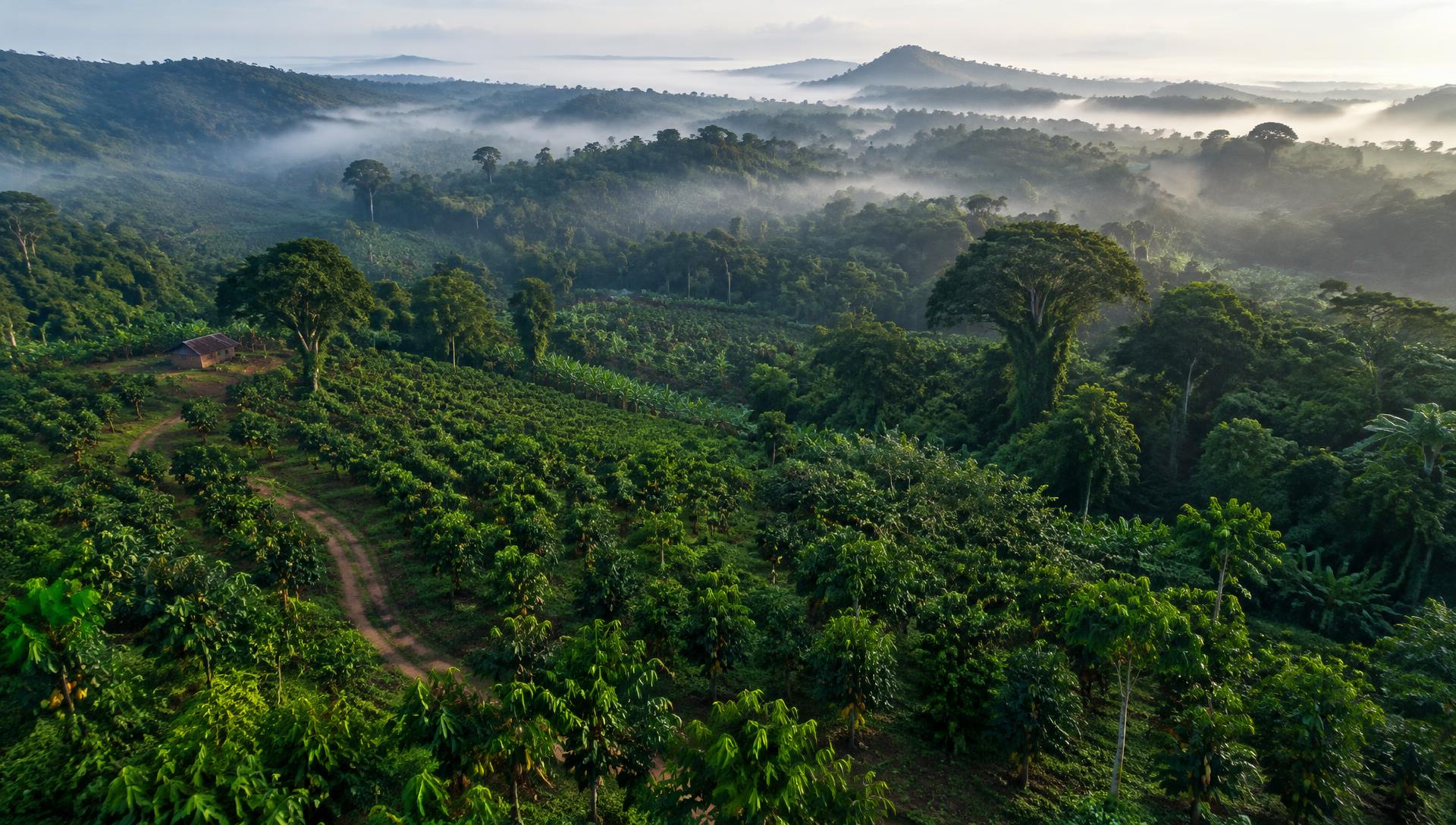 Lush cocoa-growing landscape in Ondo State, West Africa