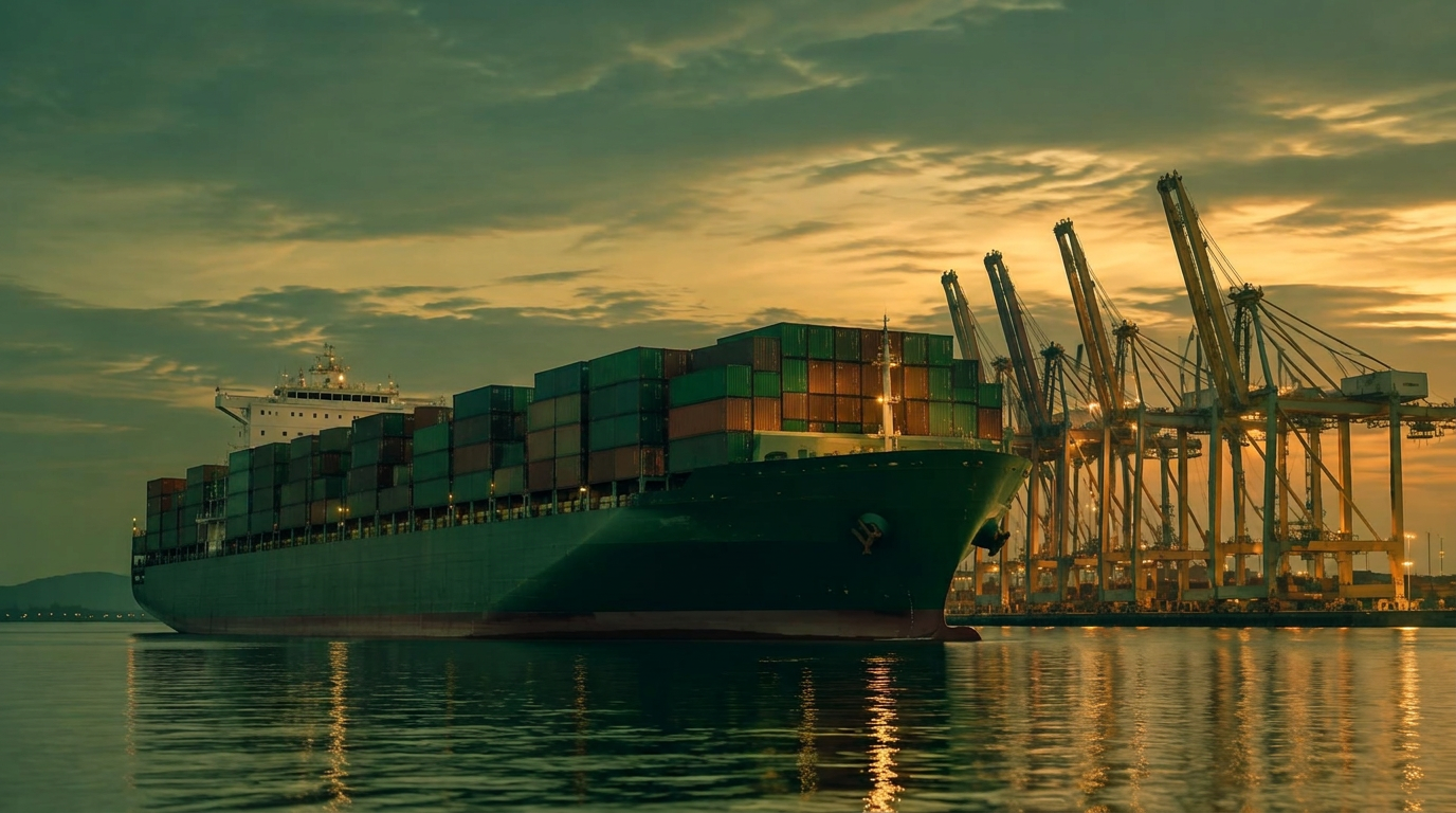 Container ship at a port at dusk